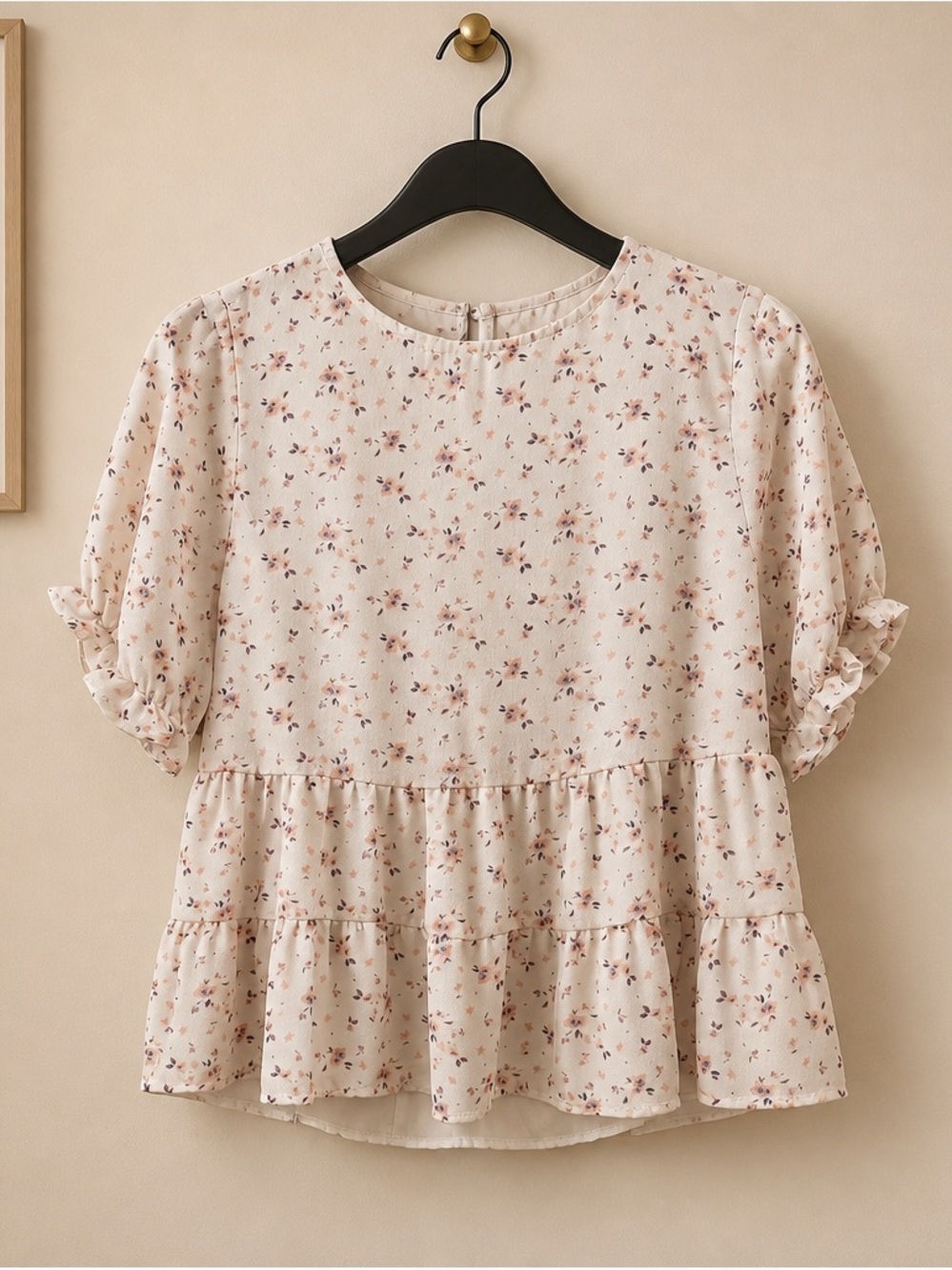 Floral Peplum Blouse | Cream Pink Brown | Ruffle Sleeve | Boho Cottagecore Top